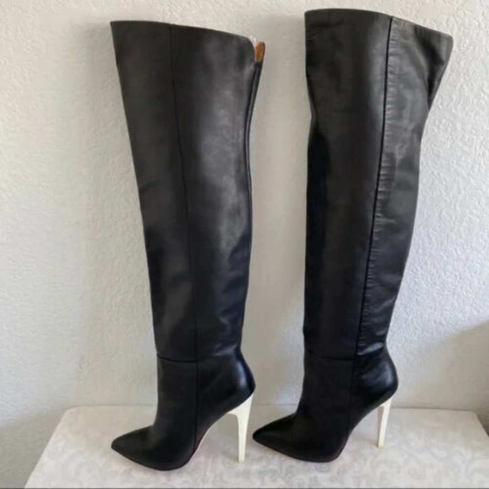 🚫 Sold🚫 8.5. L.A.M.B. Black Hylda Over Knee Leather Boot White Stiletto
